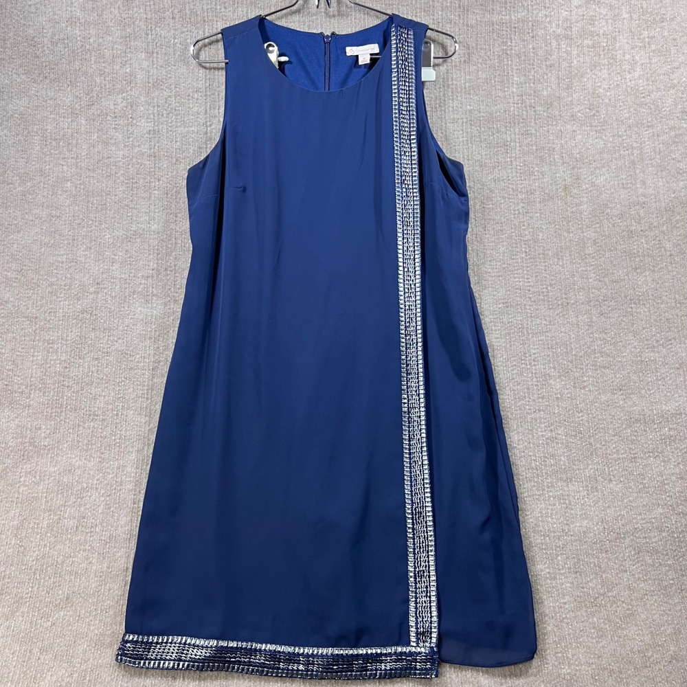 Chaps Sleeveless Sheath Dress Womens 12 Navy Blue Grecian Stitched Trim Detail